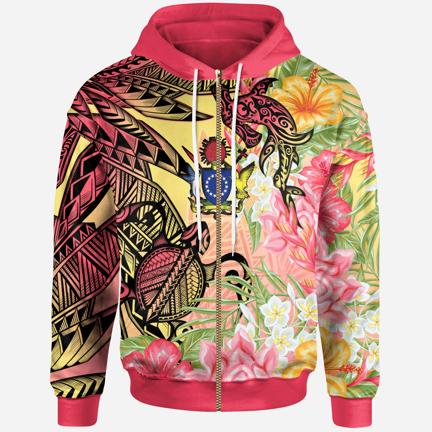 Cook Islands Zip Hoodie Flowers Tropical With Sea Animals Unisex Pink - Polynesian Pride