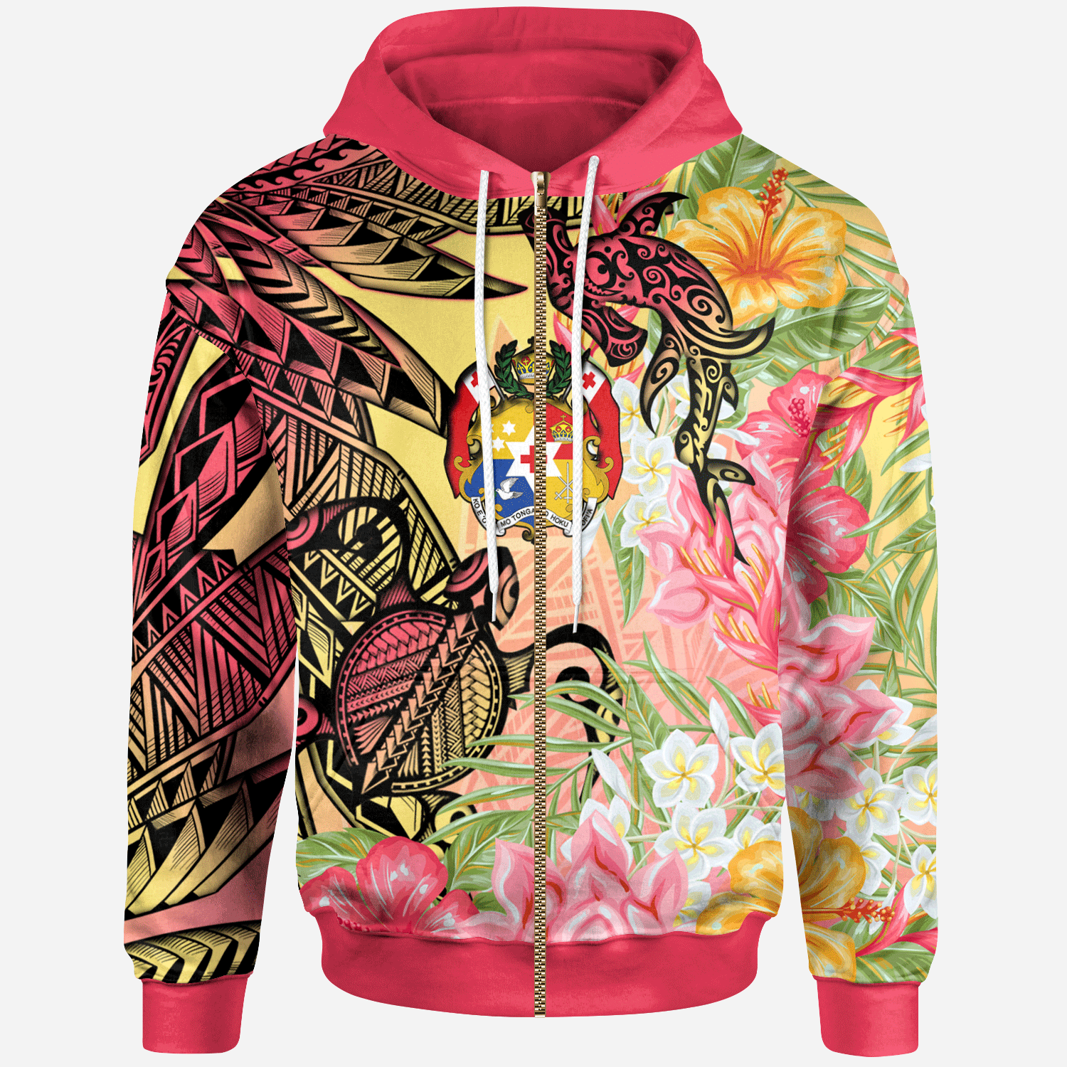 Tonga Zip Hoodie Flowers Tropical With Sea Animals Unisex Pink - Polynesian Pride