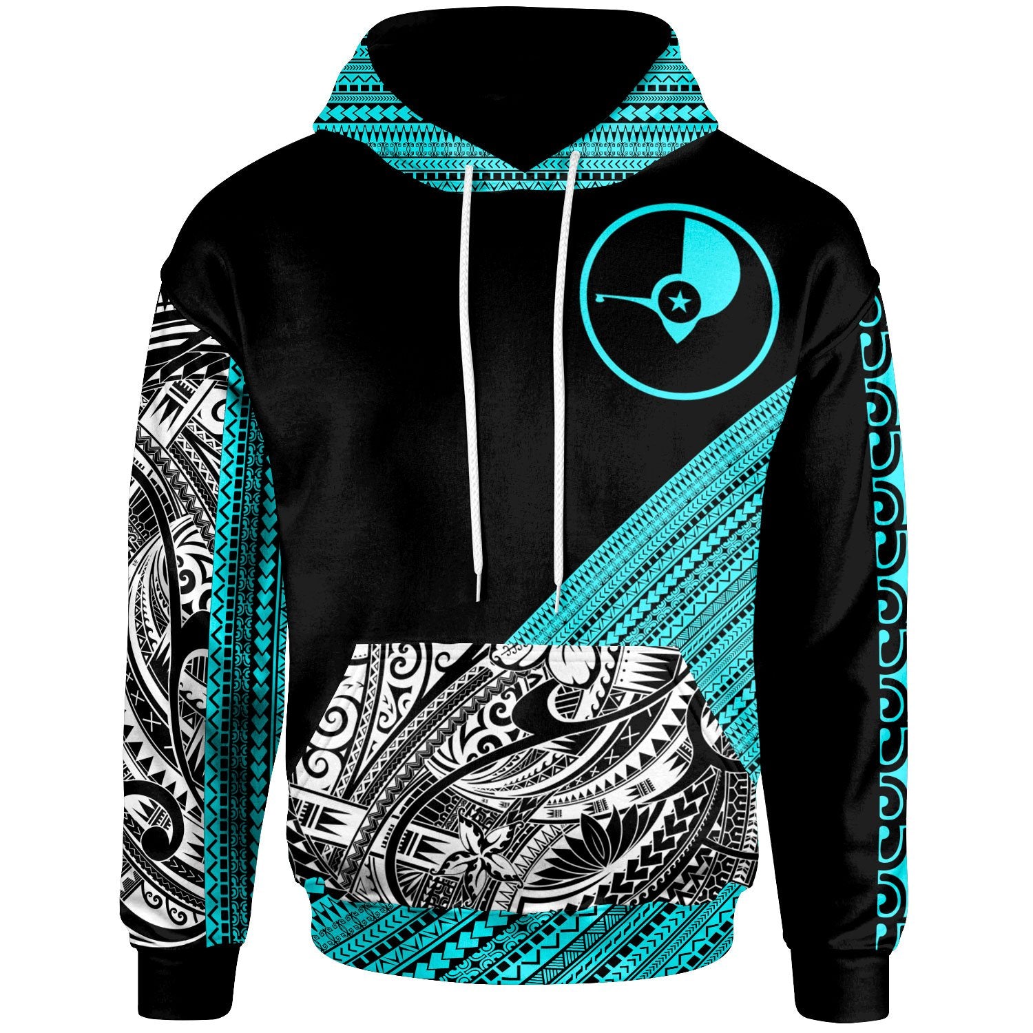 Yap Custom Hoodie Diagonal Pattern White Blue Unisex Black - Polynesian Pride