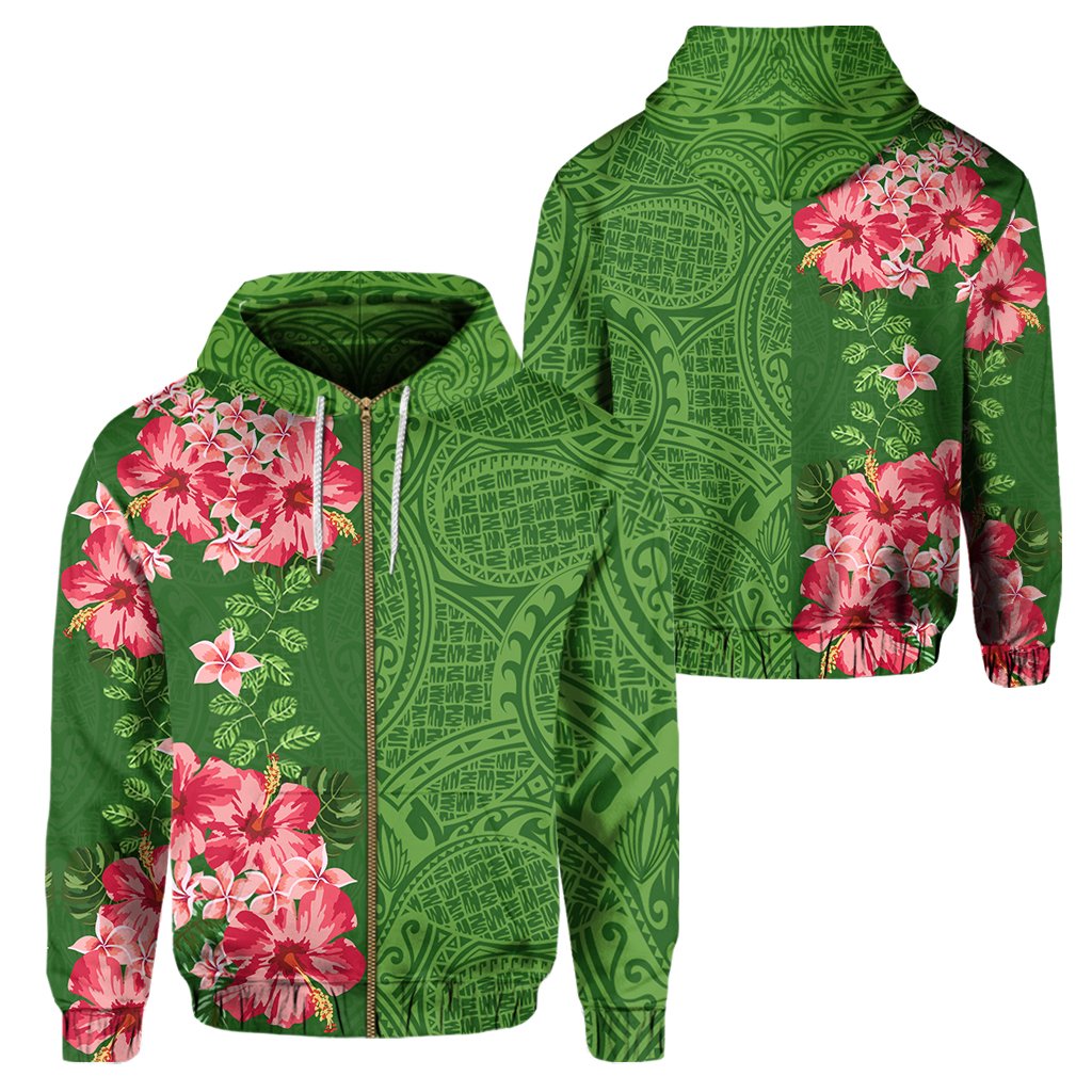 Hawaii Tropical Flower Polynesian Hawaiian Hoodie Zip Curtis Style Unisex Green - Polynesian Pride