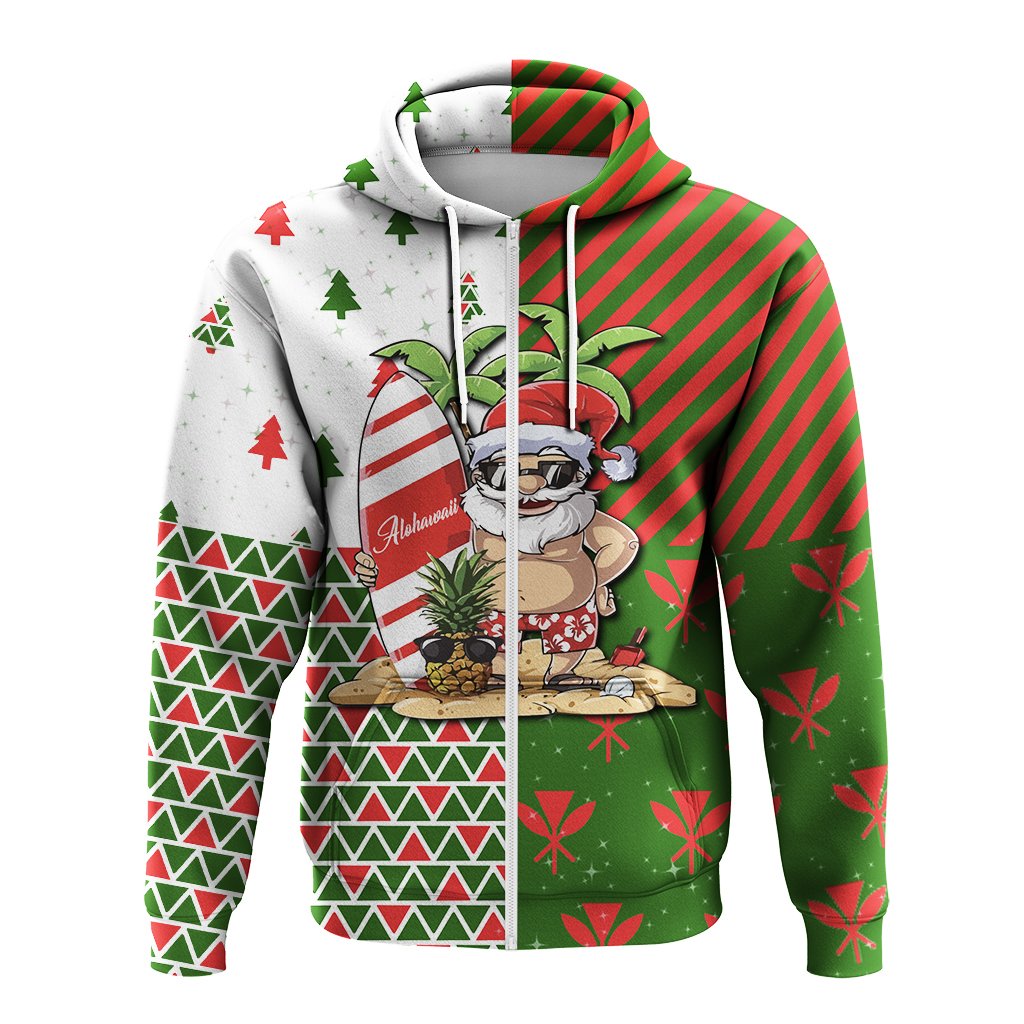 Hawaiian Santa Claus Mele Kalikimaka Kanaka Hoodie Zip Red Angus Style - Polynesian Pride