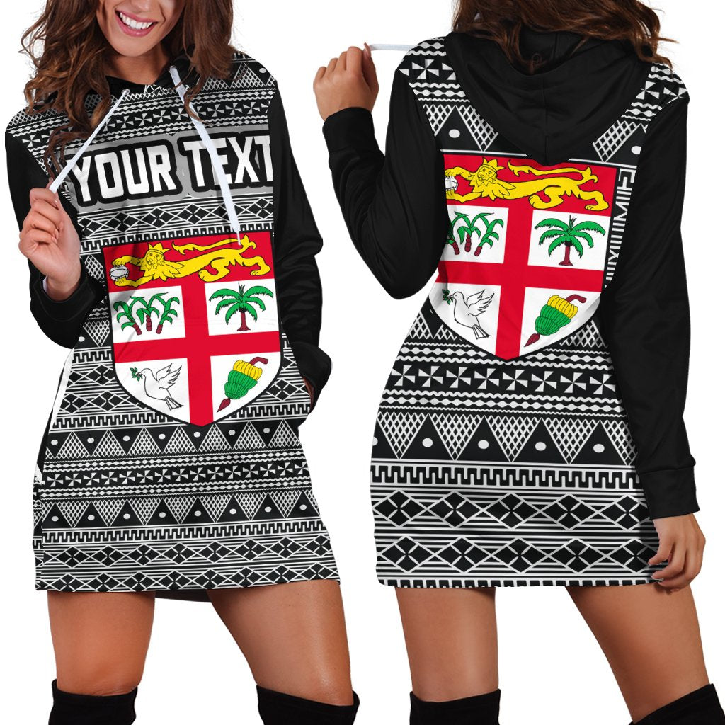 Fiji Custom Personalised Hoodie Dress - Tapa Pattern Sport Style Black - Polynesian Pride