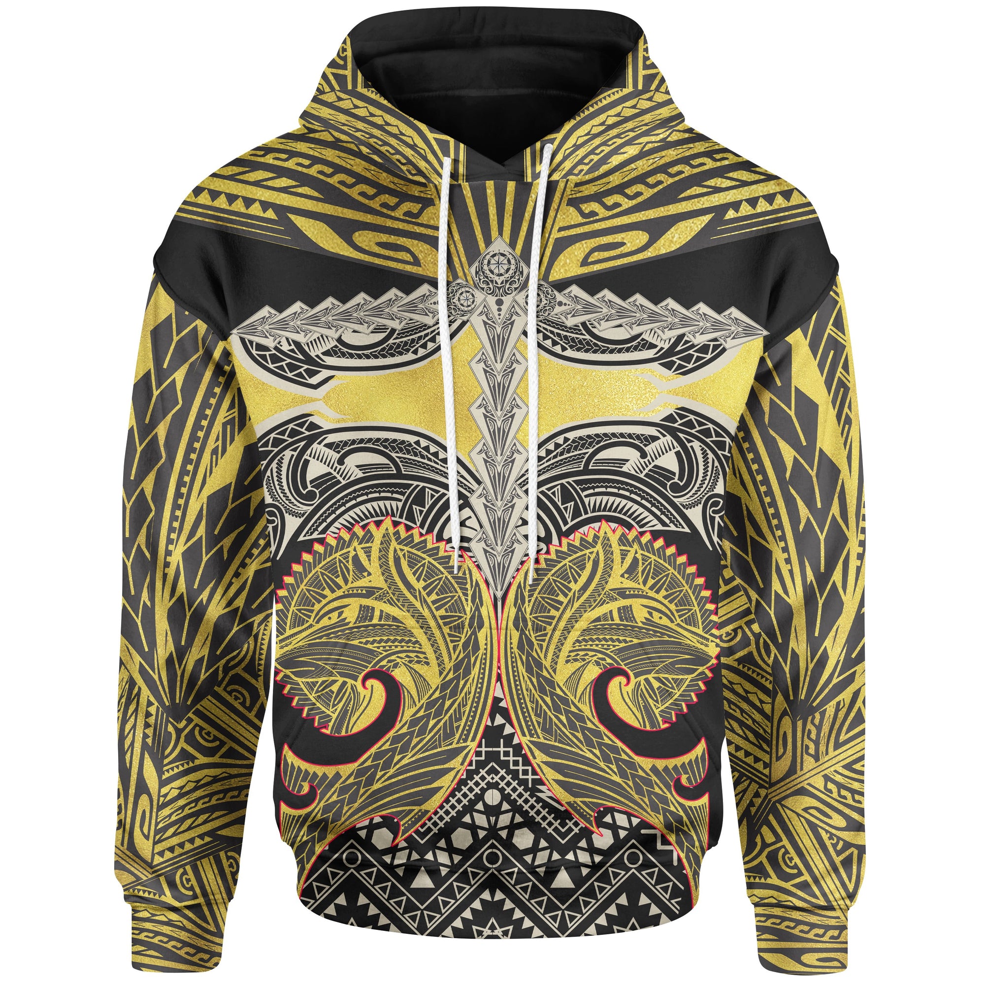 Polynesianll Over Hoodie Polynesian Maori Tattoo Wolf Gold Black Unisex Gold - Polynesian Pride