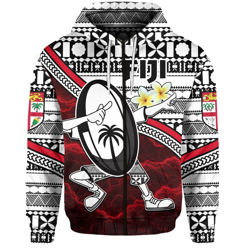 Fiji Rugby Zip Hoodie Tapa Cloth Dab Trend Creative Red Unisex Red - Polynesian Pride