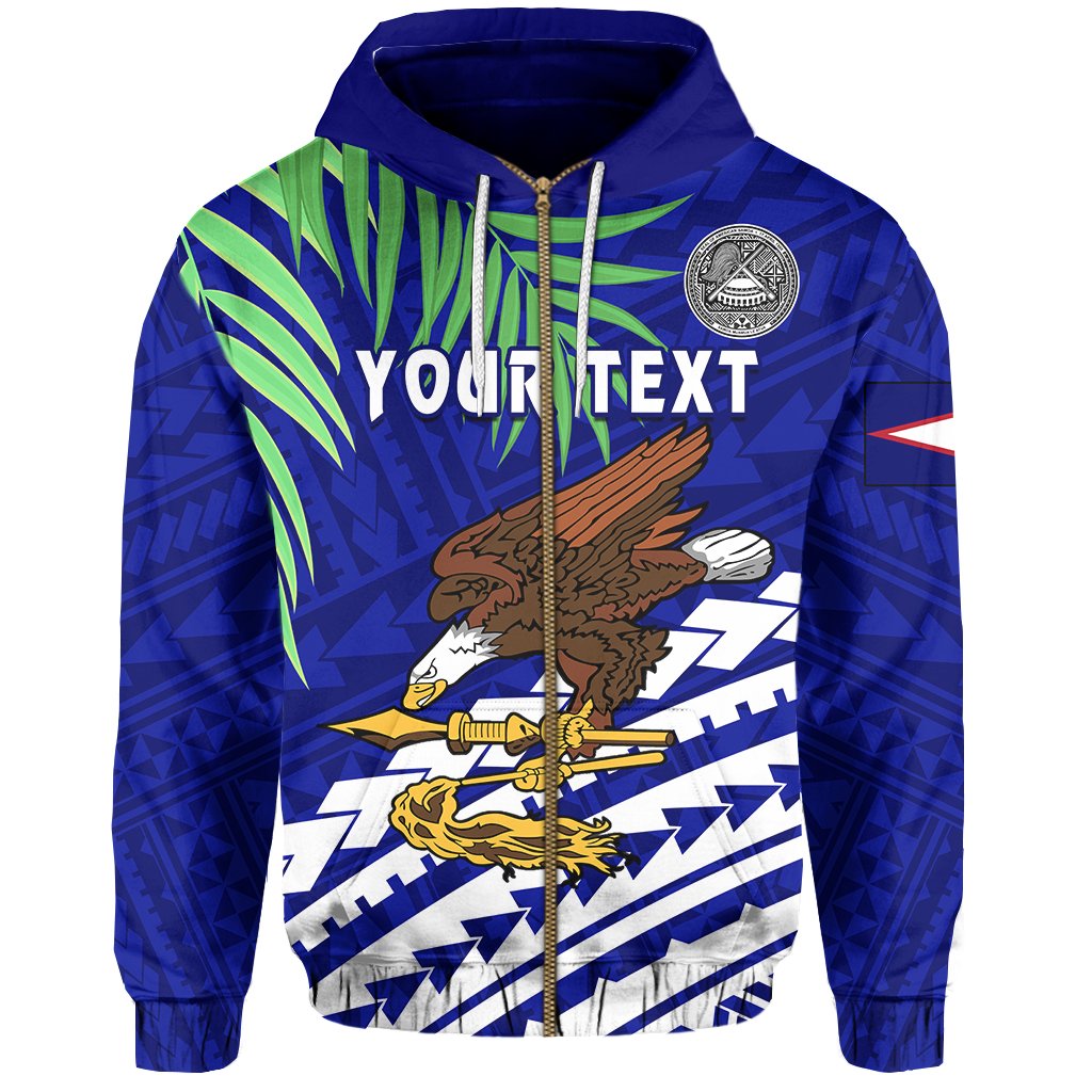 Custom American Samoa Rugby Zip Hoodie Coconut Leaves Talavalu Unisex Blue - Polynesian Pride