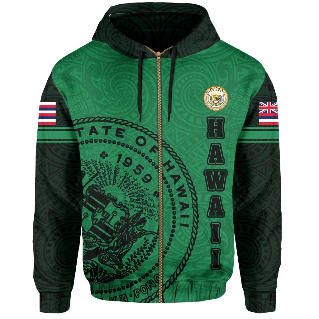 Polynesian Flag Seal of Hawaii Zip Hoodie Green - Polynesian Pride