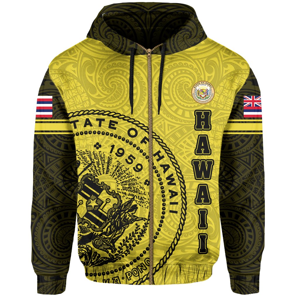 Polynesian Flag Seal of Hawaii Zip Hoodie Yelllow - Polynesian Pride