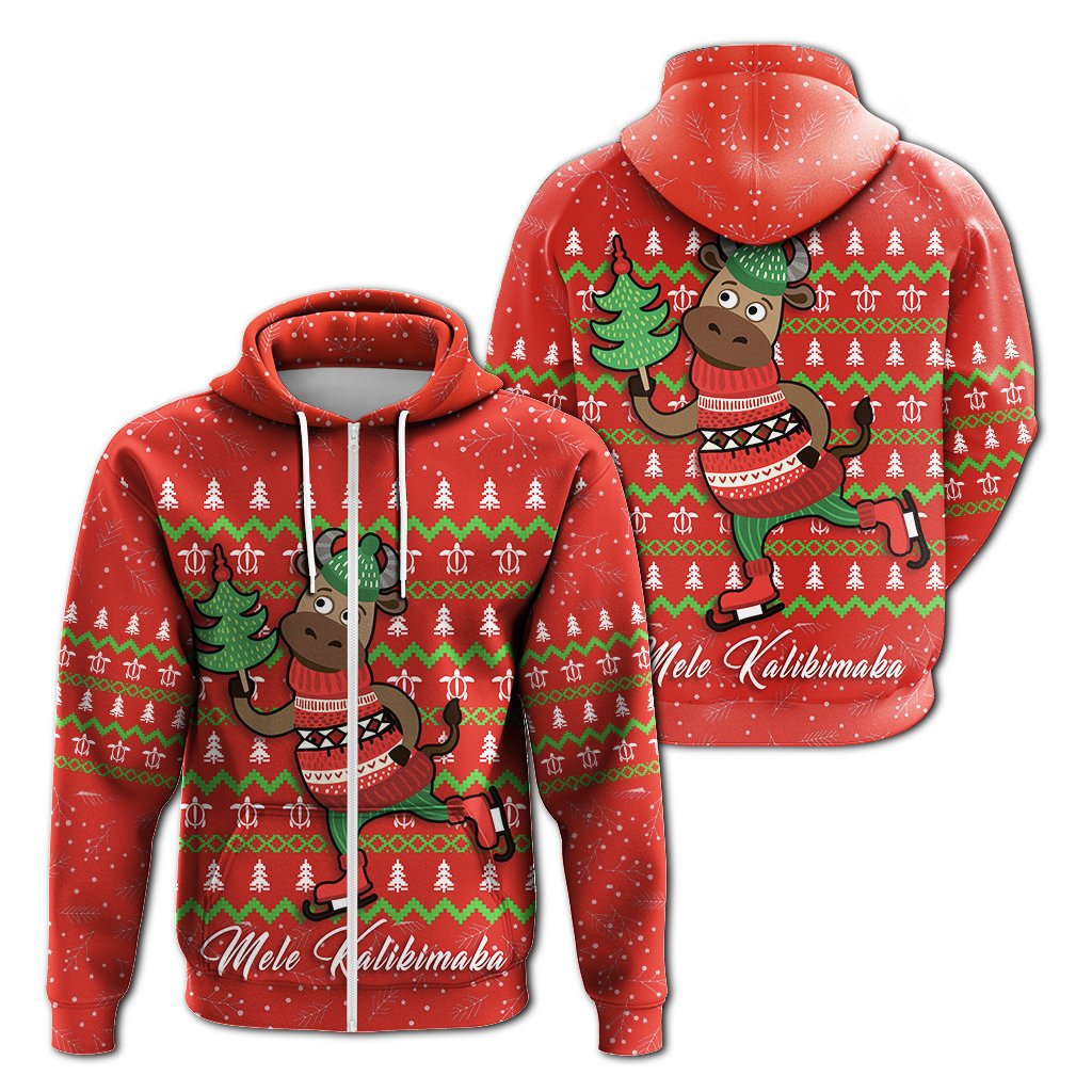 Hawaiian Turtle Christmas Hoodie Zip Red Felix Style Unisex Red - Polynesian Pride