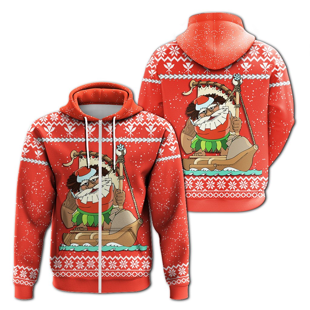 Hawaiian Santa Claus Mele Kalikimaka Hoodie Zip Red Farah Style Unisex Red - Polynesian Pride