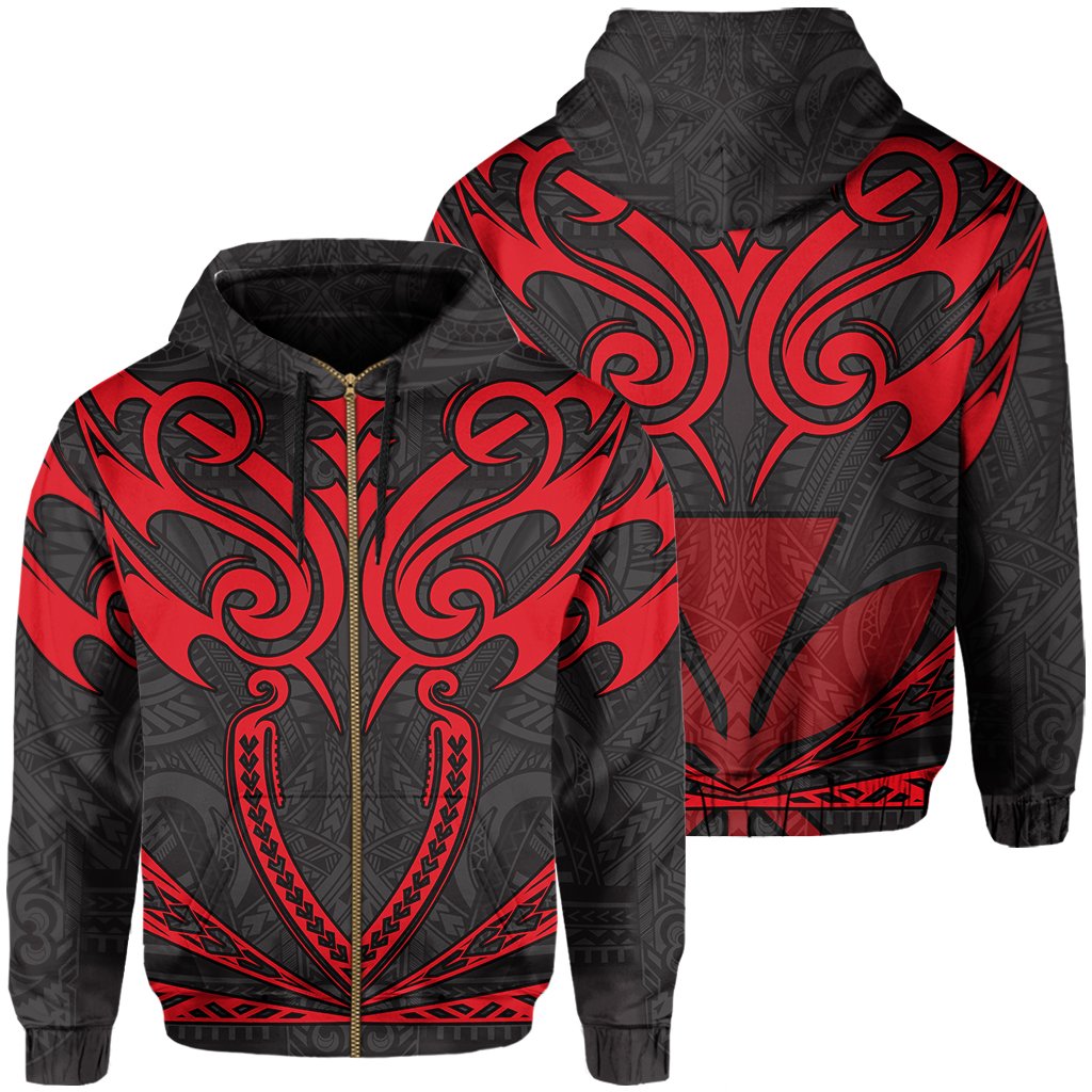 Hawaii Kanaka Polynesian Football Jersey Hoodie Zip Grey and Red Bernice Style Unisex Grey - Polynesian Pride