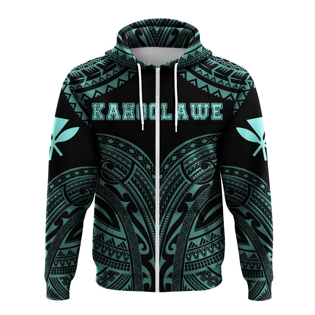 Hawaiian Kanaka Map Polynesian Kahoolawe Hoodie Zip Turquoise Brad Style - Polynesian Pride