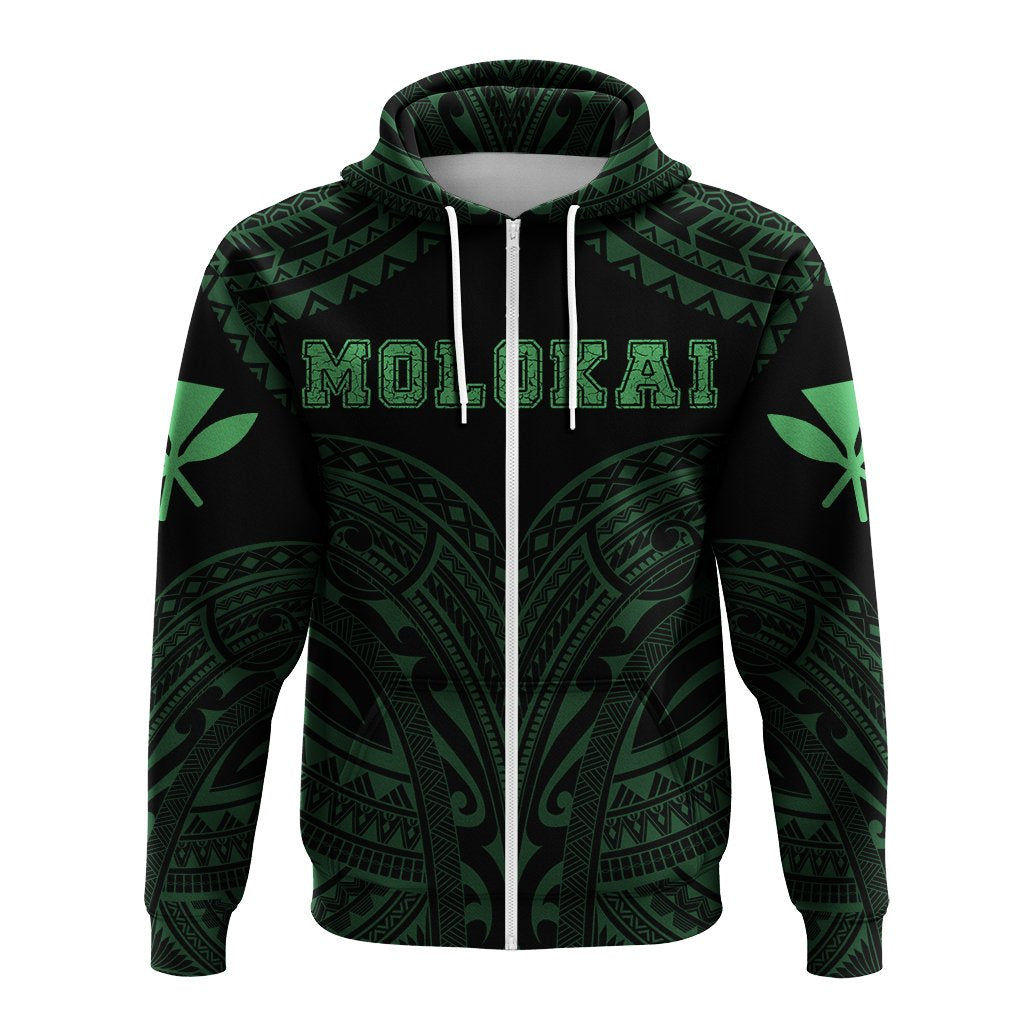 Hawaiian Kanaka Map Polynesian Molokai Hoodie Zip Green Brad Style - Polynesian Pride