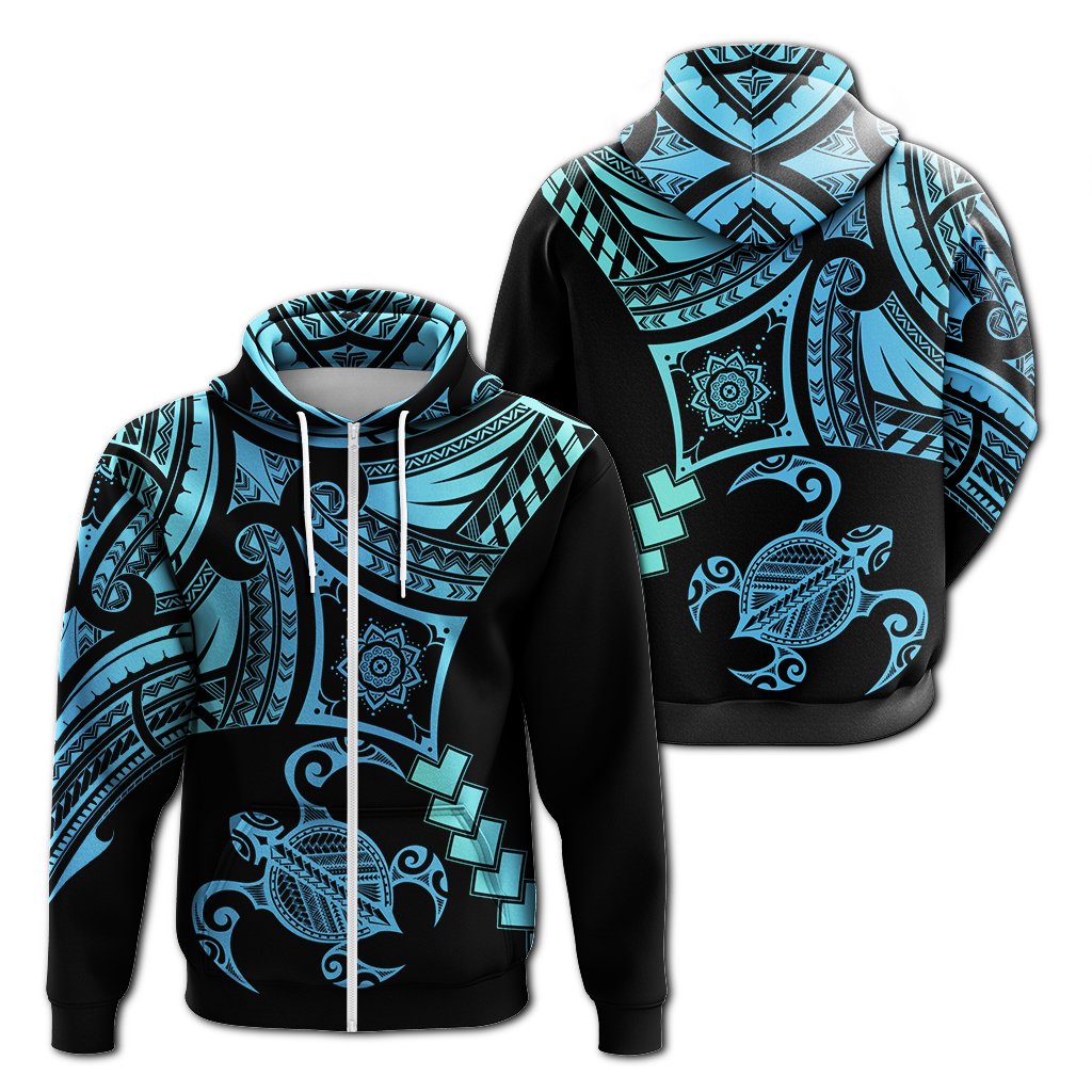 Hawaiian Turtle Polynesian Hoodie Zip Turquoise Gada Style Unisex Turquoise - Polynesian Pride