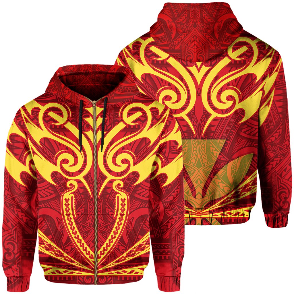 Hawaii Kanaka Polynesian Football Jersey Hoodie Zip Red and Yellow Bernice Style Unisex Red - Polynesian Pride