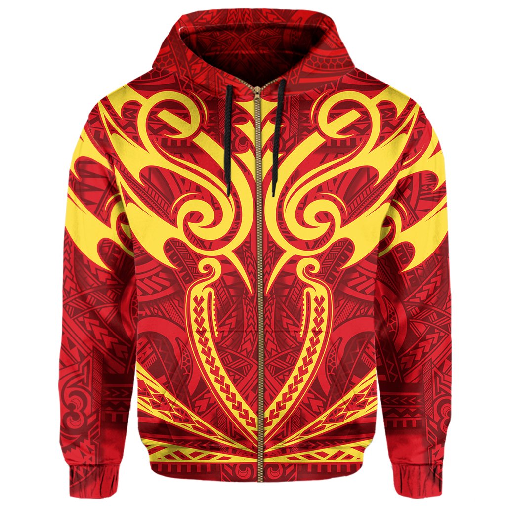 Hawaii Kanaka Polynesian Football Jersey Hoodie Zip Red and Yellow Bernice Style - Polynesian Pride