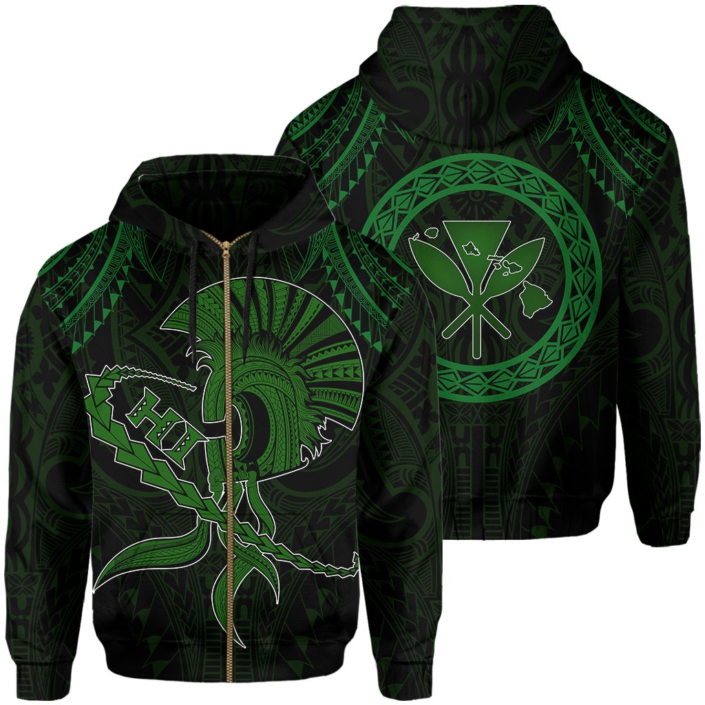 Hawaii Warrior Kanaka Polynesian Hoodie Zip Rob Style Unisex Green - Polynesian Pride