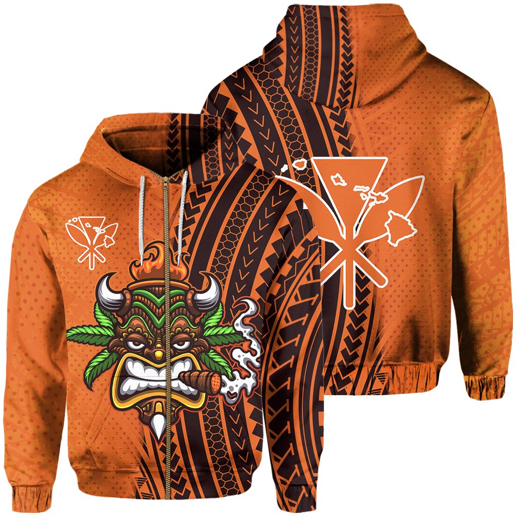 Hawaii Tiki Statue Kanaka Polynesian Hoodie Zip Ora Style Unisex Orange - Polynesian Pride