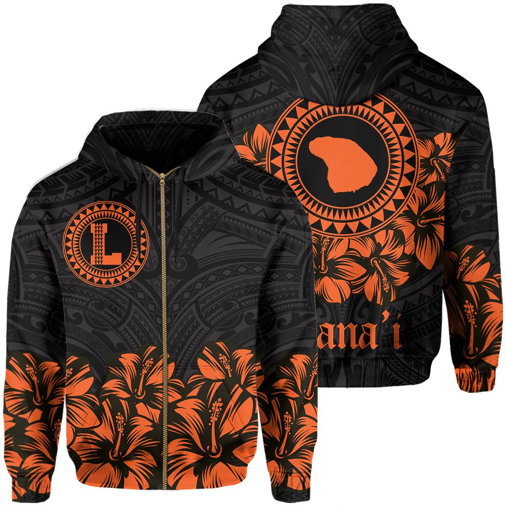 Lanai Map Hibiscus Polynesian Hoodie Zip Lithe Style Unisex Orange - Polynesian Pride