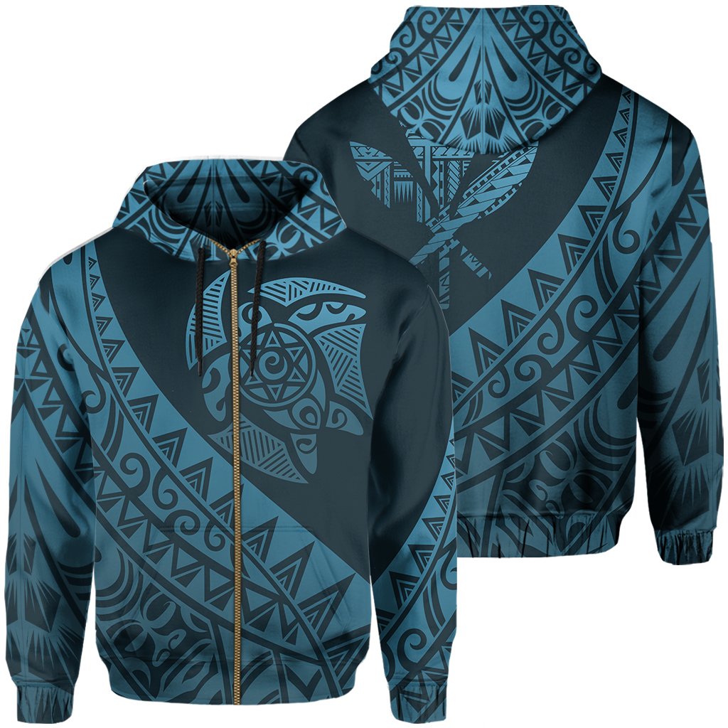 Hawaii Turtle Kanaka Polynesian Hoodie Zip Sky Style Unisex Blue - Polynesian Pride