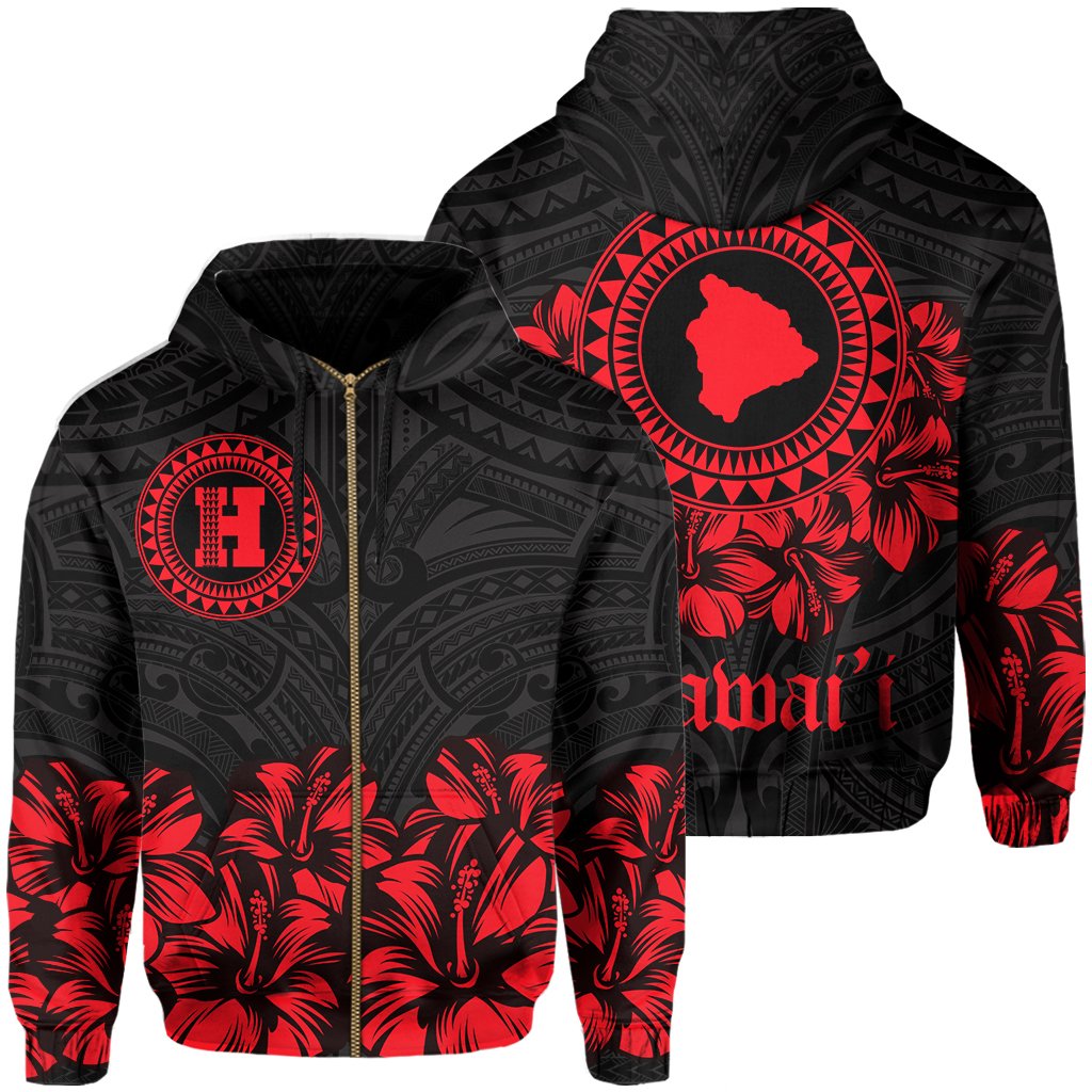 Hawaii Map Hibiscus Polynesian Hoodie Zip Lithe Style Unisex Red - Polynesian Pride