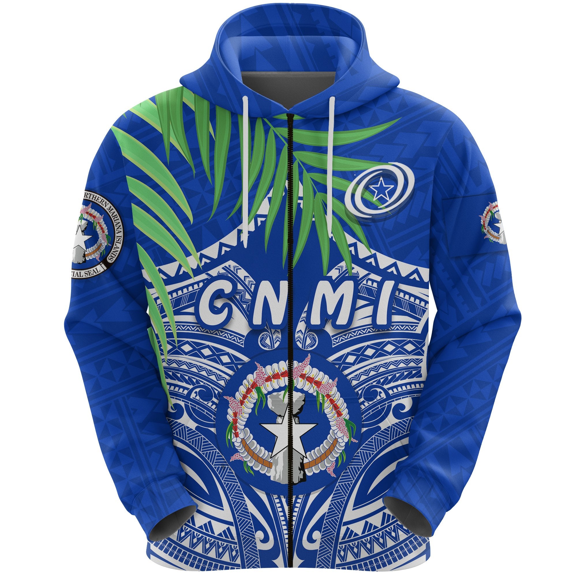 Northern Mariana Islands Rugby Zip Hoodie Coconut Leaves CNMI Unisex Blue - Polynesian Pride