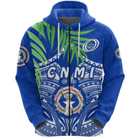 Northern Mariana Islands Rugby Zip Hoodie Coconut Leaves CNMI Unisex Blue - Polynesian Pride