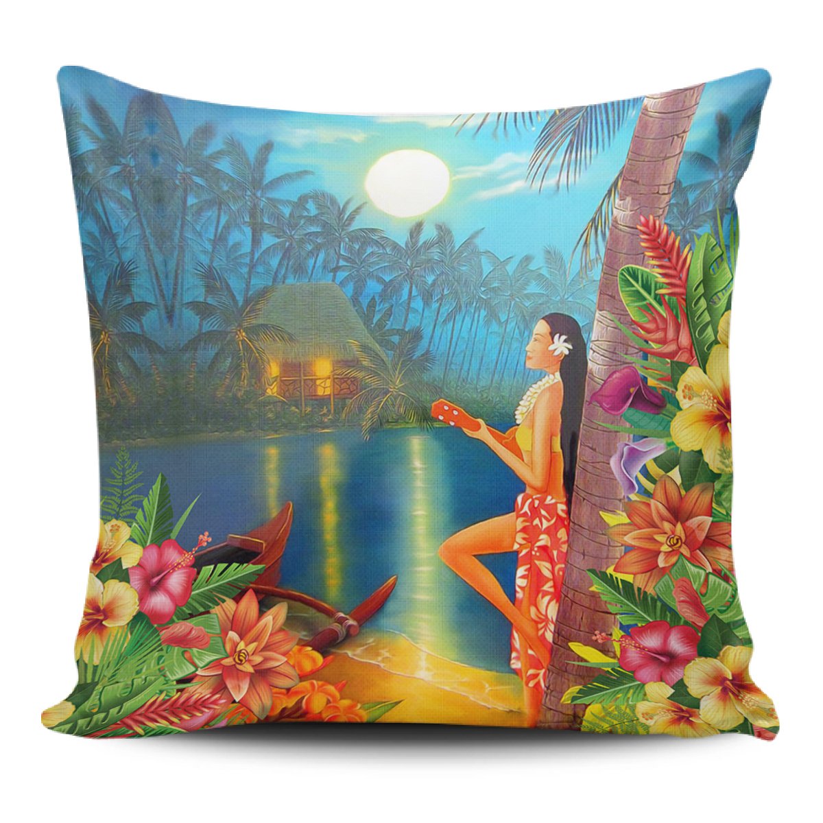 Hula Girl Sing In Village Pillow Covers One Size Zippered Pillow Case 18"x18"(Twin Sides) Black - Polynesian Pride
