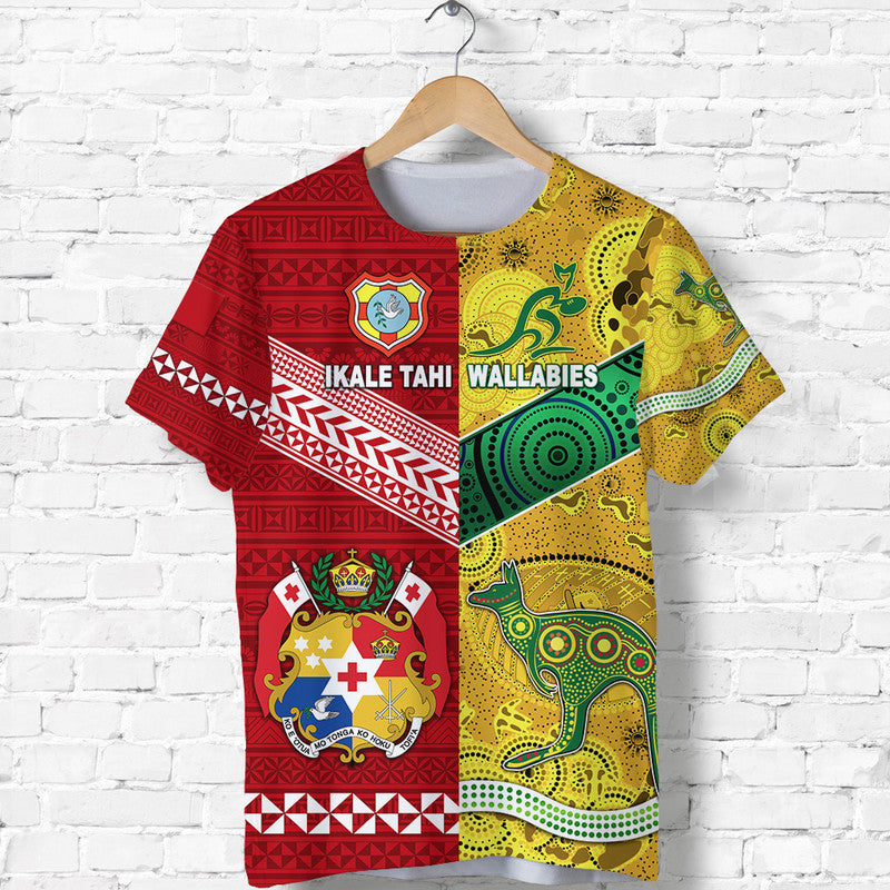 Custom Tonga Ikale Tahi Ngatu and Australia Wallabies Aboriginal T Shirt Rugby Together LT8 Kid - Polynesian Pride