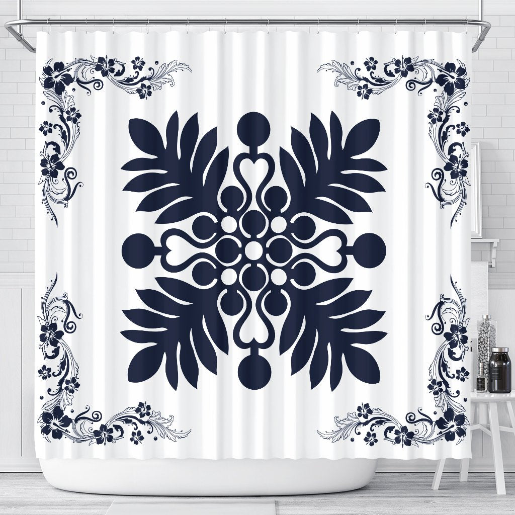 Hawaiian Quilt Maui Plant And Hibiscus Shower Curtain - Indigo White - AH 177 x 172 (cm) Indigo - Polynesian Pride