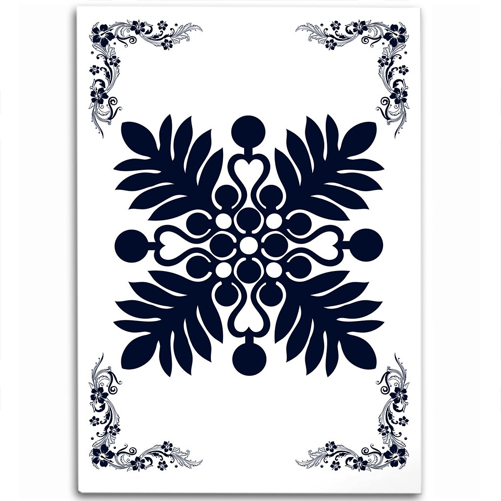 Hawaiian Quilt Maui Plant And Hibiscus Pattern Area Rug - Indigo White - AH Indigo - Polynesian Pride