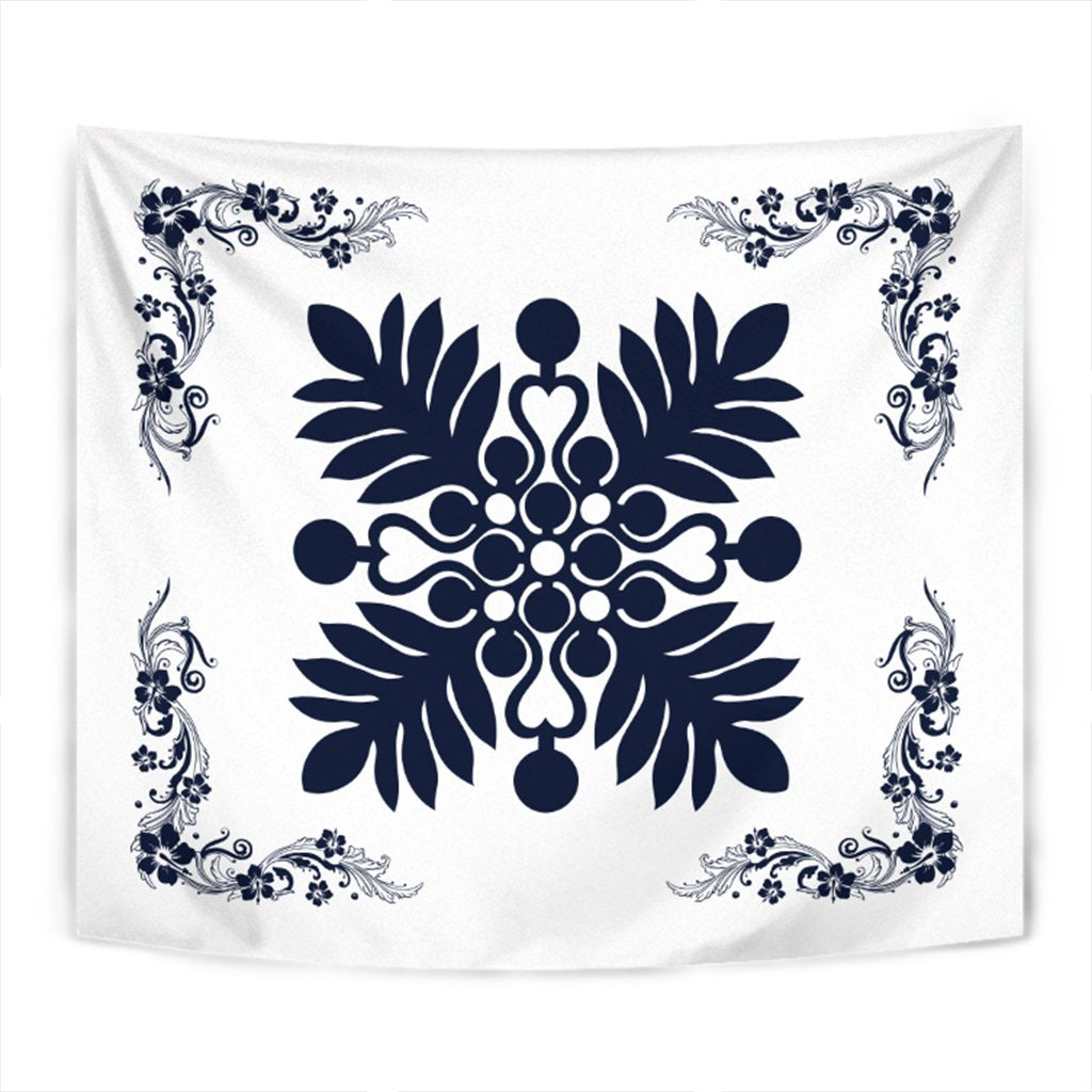 Hawaiian Quilt Maui Plant And Hibiscus Tappestry - Indigo White - AH Wall Tapestry Indigo - Polynesian Pride