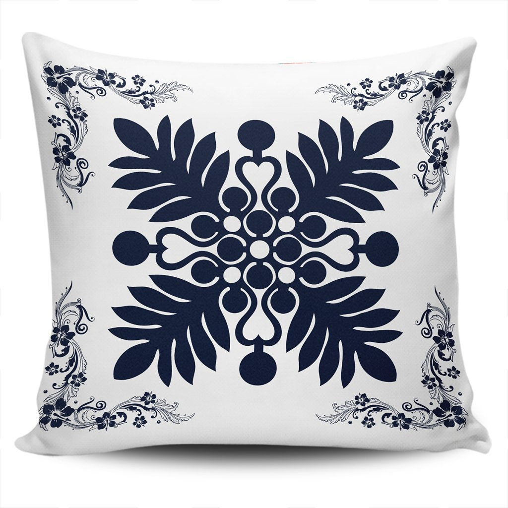 Hawaiian Quilt Maui Plant And Hibiscus Pattern Pillow Covers - Indigo White - AH One Size Indigo - Polynesian Pride