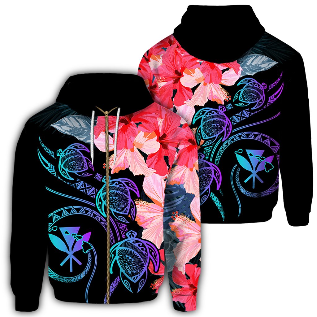 Hawaii Turtle Polynesian Tropical Hoodie (Zip up) Cora Style Unisex Black - Polynesian Pride