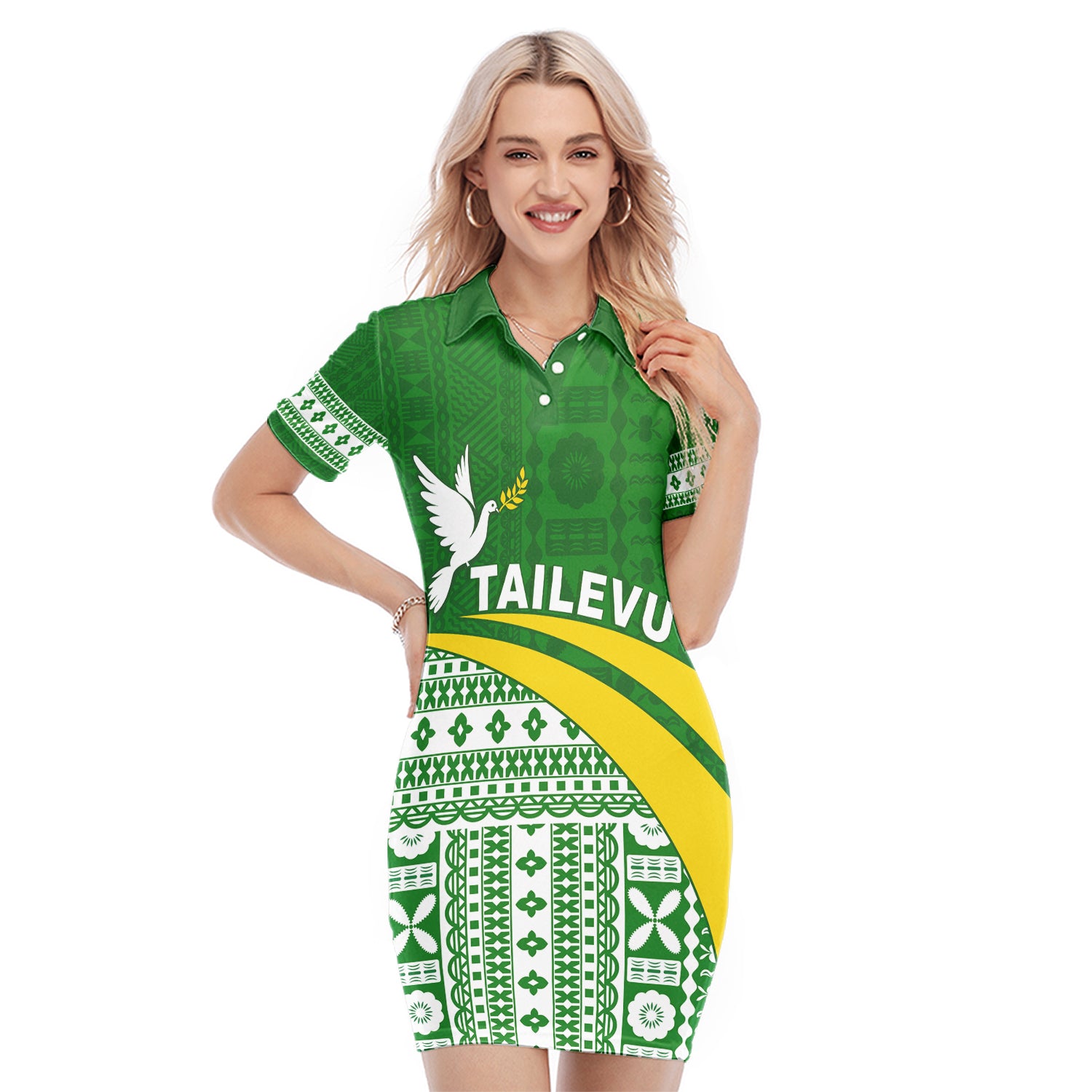 Tailevu Rugby Polo Dress Fiji Rugby Tapa Pattern Green LT13 Green - Polynesian Pride