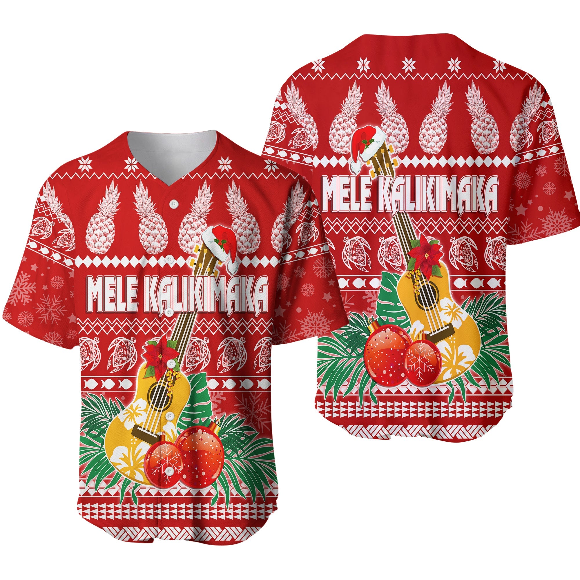 Hawaii Christmas Baseball Jersey Mele Kalikimaka - Ukulele LT7 Red - Polynesian Pride