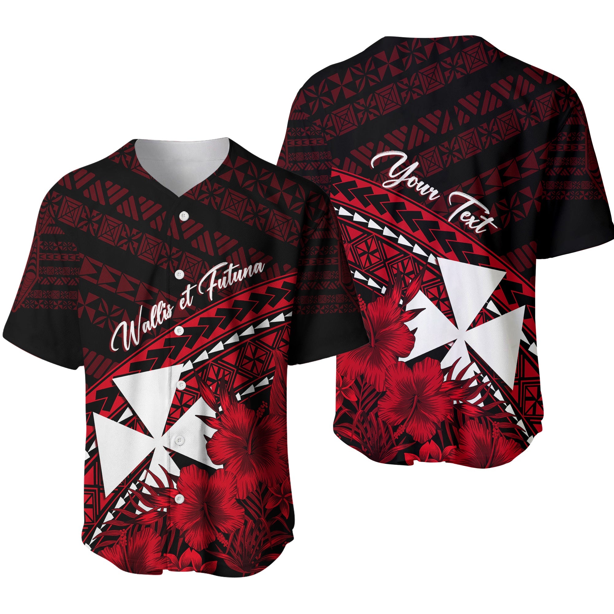 Wallis et Futuna Personalised Baseball Jersey Tapa Hibiscus Vibes LT7 Red - Polynesian Pride