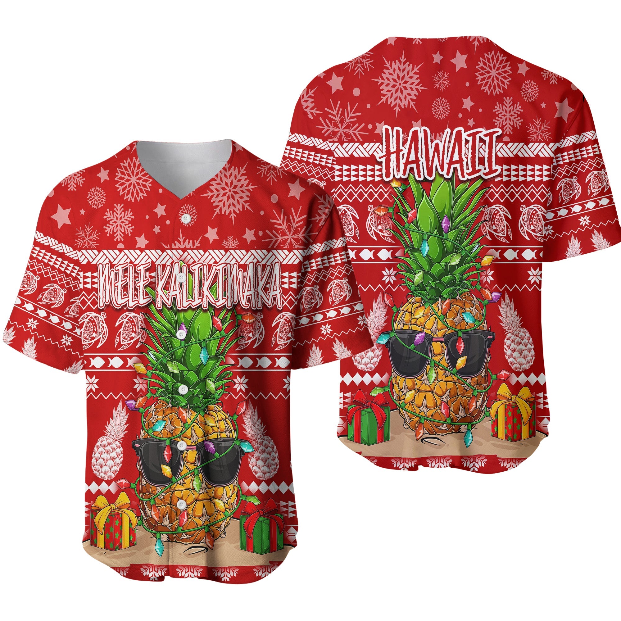 Hawaii Christmas Baseball Jersey Mele Kalikimaka - Pineapple LT7 Red - Polynesian Pride