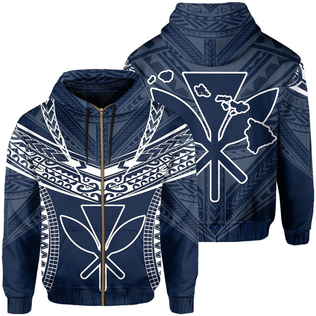 Hawaiian Kanaka Map Football Jersey Hoodie Zip Blue and White Roger Style Unisex Blue - Polynesian Pride