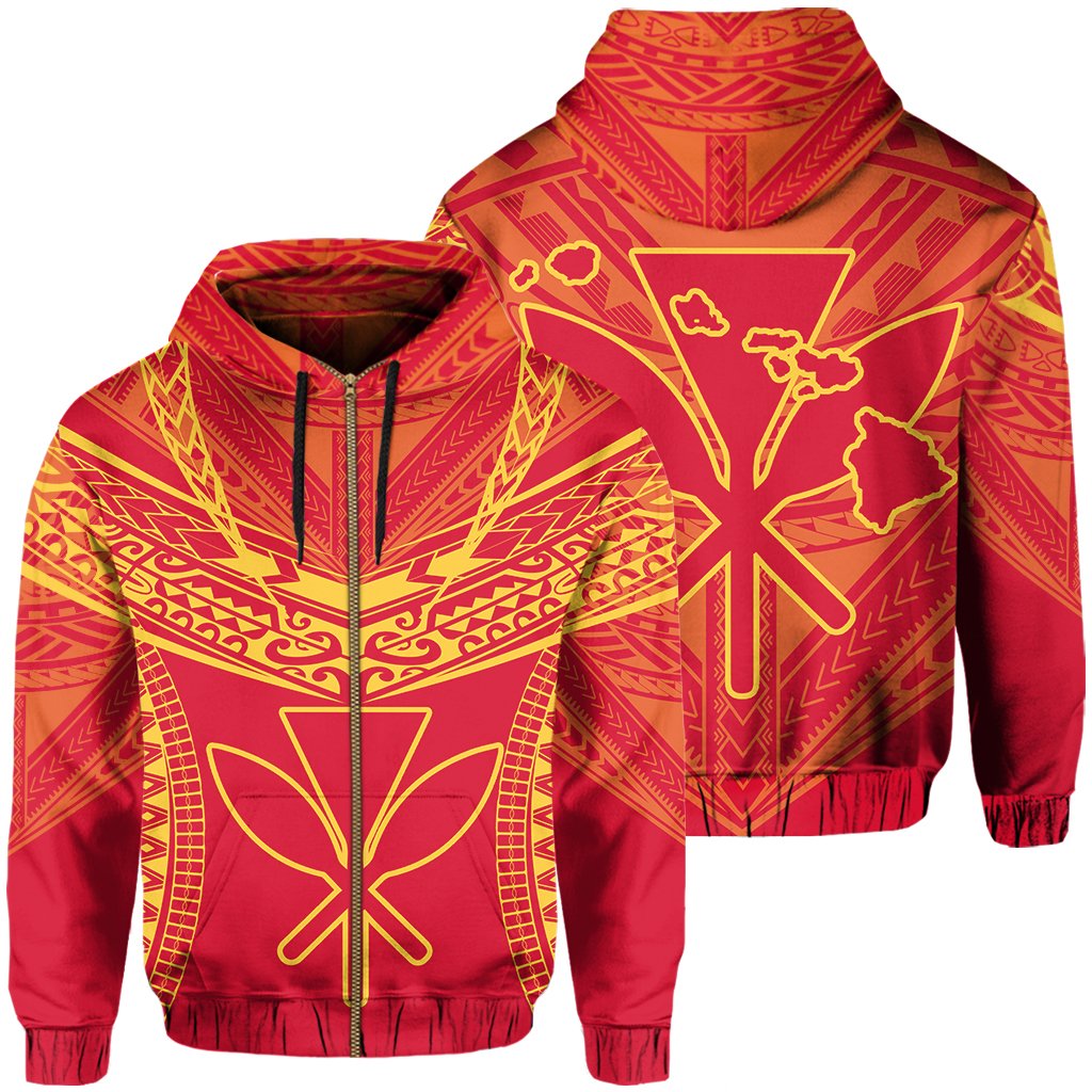 Hawaiian Kanaka Map Football Jersey Hoodie Zip Red and Yellow Roger Style Unisex Red - Polynesian Pride