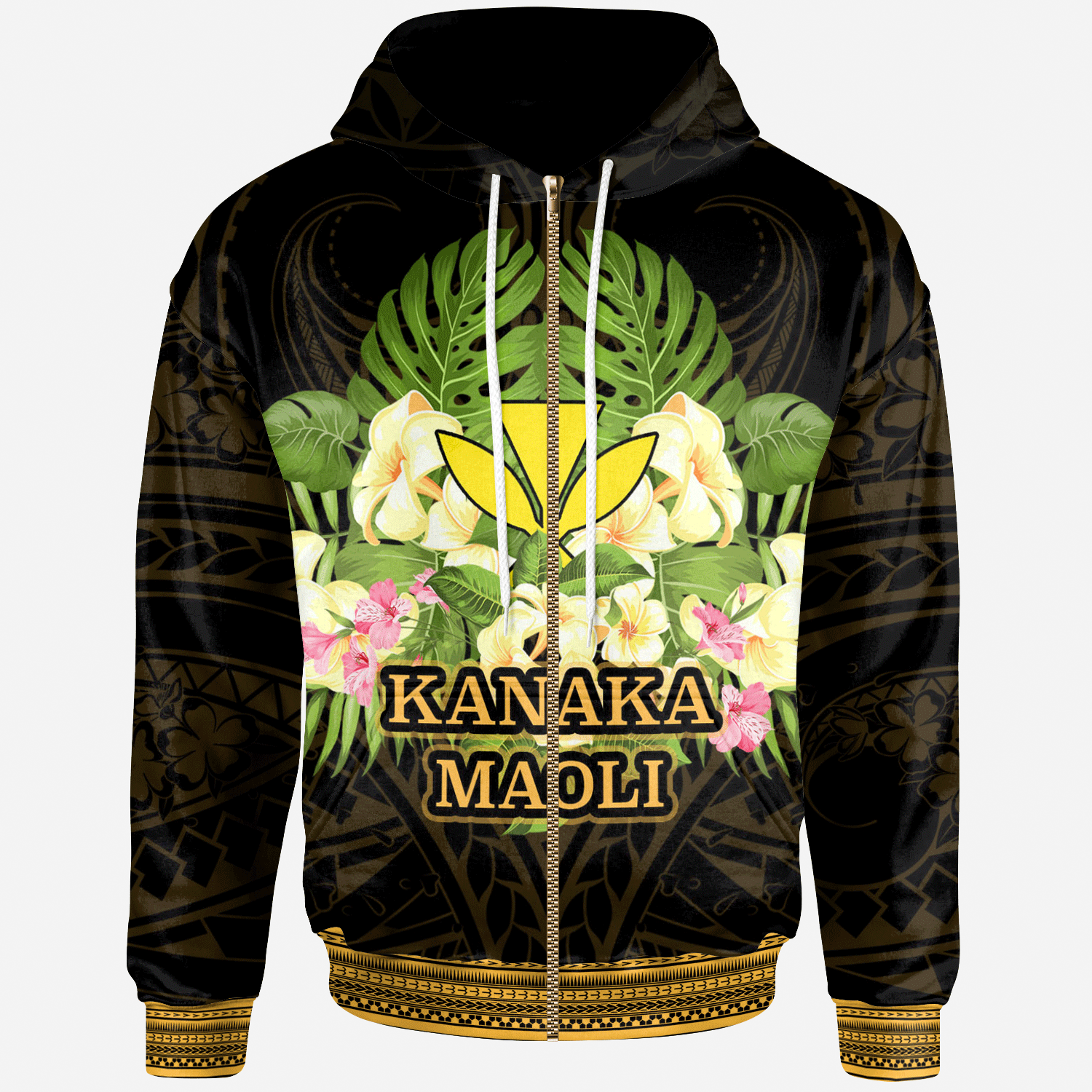 Hawaii Kanaka Maoli Zip Hoodie Polynesian Gold Patterns Collection Unisex Black - Polynesian Pride