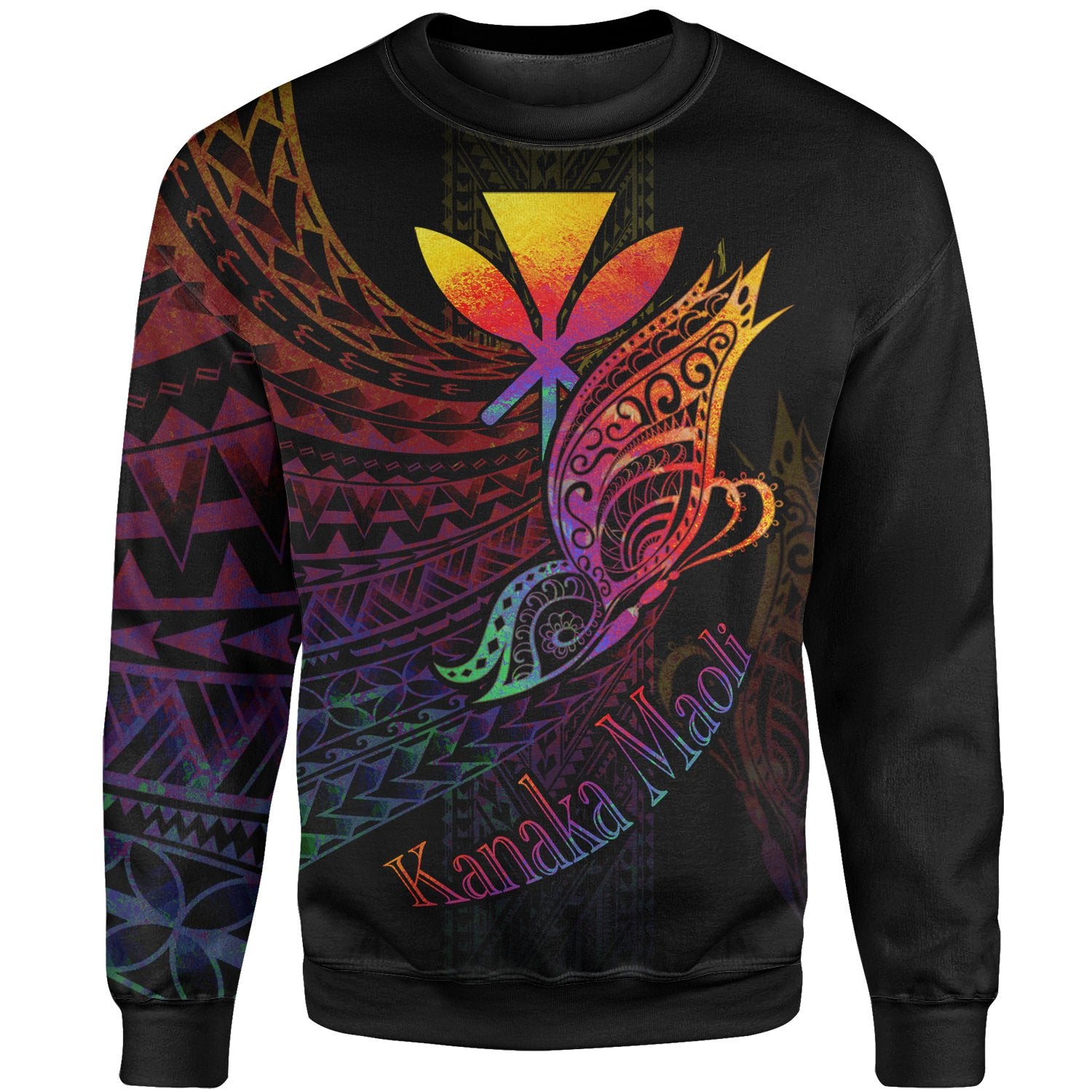 Hawaii Kanaka Maoli Sweatshirt - Butterfly Polynesian Style Unisex Black - Polynesian Pride