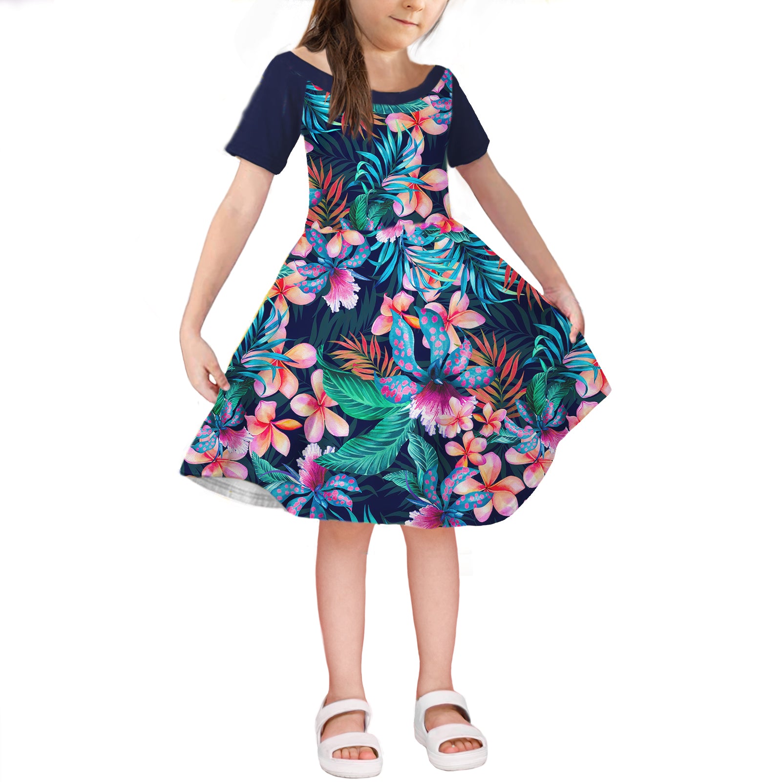 Hawaiian Short Sleeves Dress KID- Hawaii Flowers No.1 LT6 KID Art - Polynesian Pride