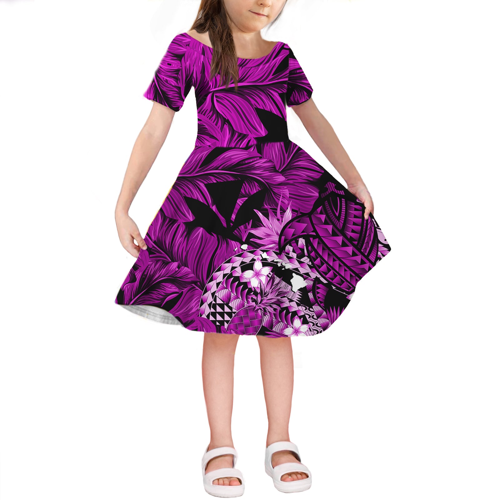 Polynesian Hawaiian With Turtle Short Sleeves Dress KID LT6 KID Pink - Polynesian Pride