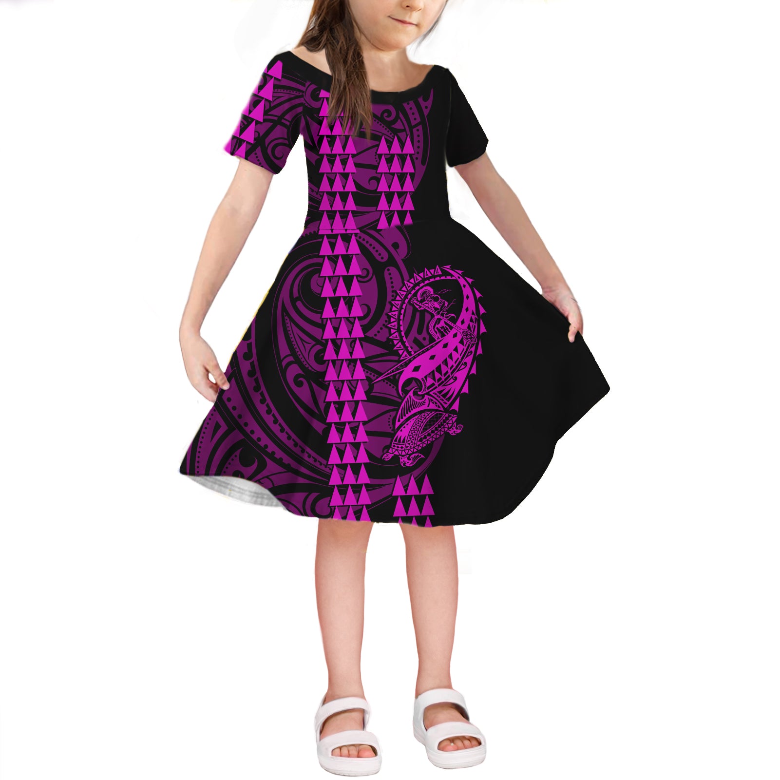 Hawaii Polynesian Warrior Kakau Short Sleeves Dress KID LT6 KID Purple - Polynesian Pride