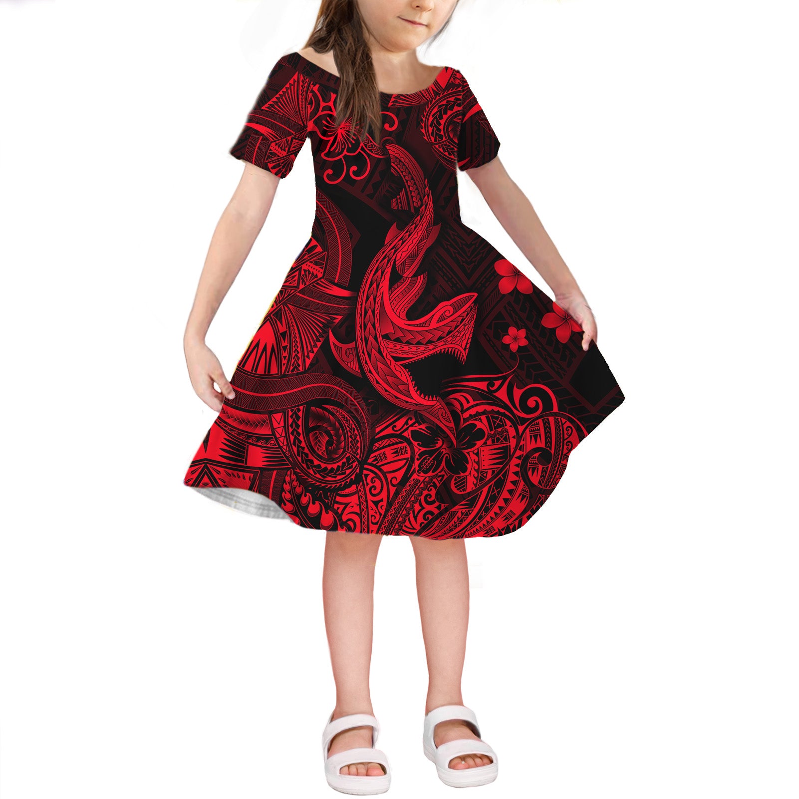 Hawaii Angry Shark Polynesian Short Sleeve Dress KID Unique Style - Red LT8 - Polynesian Pride