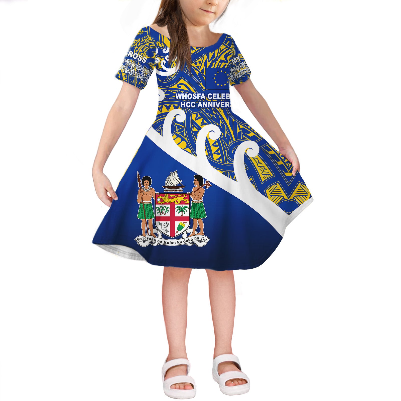 Whosfa Celebrates HCC Anniversary Fiji Europe Short Sleeve Dress KID Silver Fern Koru Vibes LT8 KID Blue - Polynesian Pride