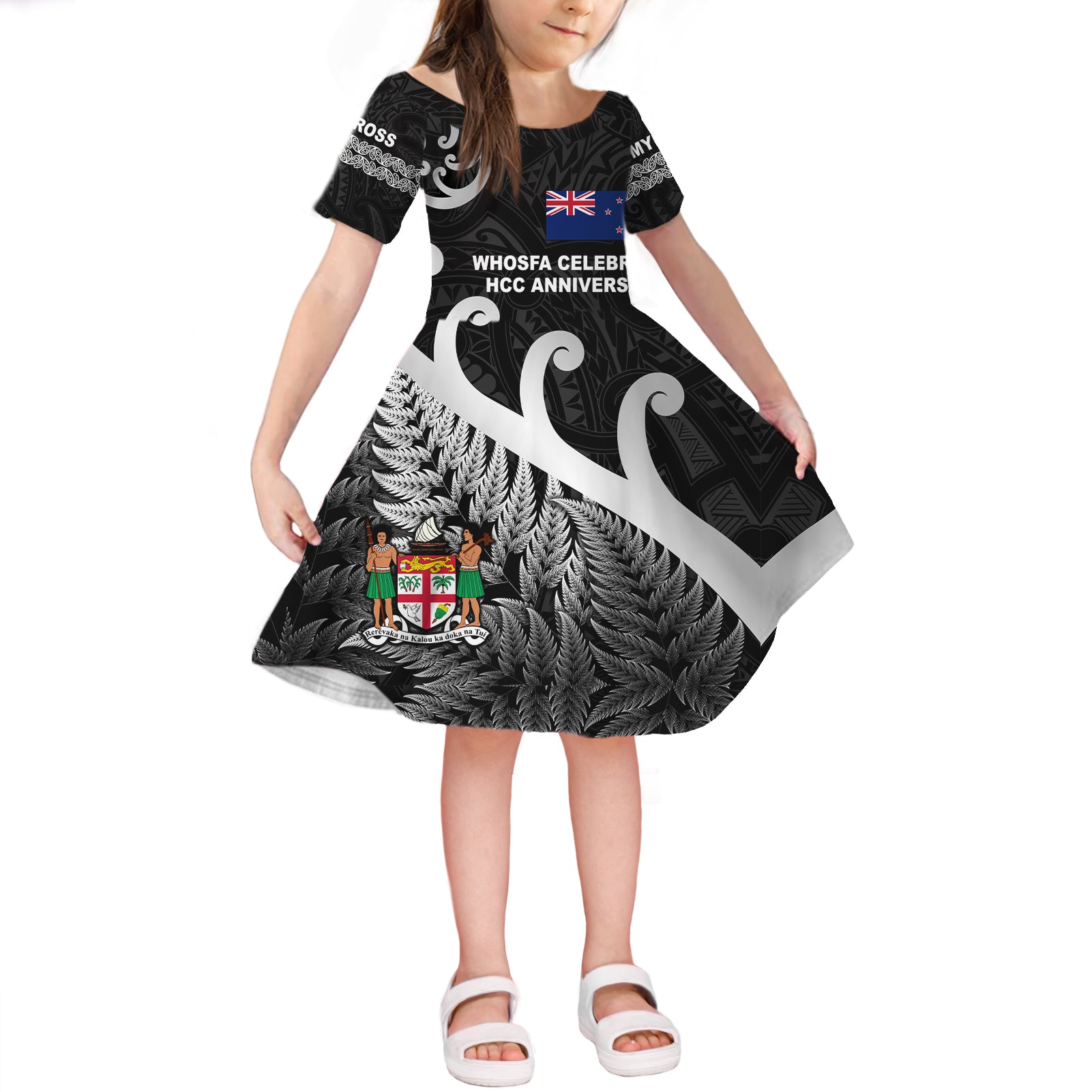 Whosfa Celebrates HCC Anniversary Fiji New Zealand Maori Short Sleeve Dress KID Silver Fern Koru Vibes - Black LT8 - Polynesian Pride