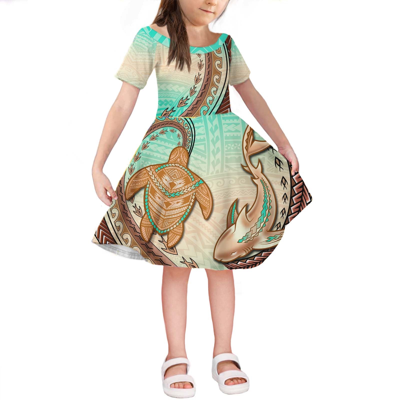 Hawaii Polynesian Shark And Sea Turtle Dreamy Turquoise Artsy Short Sleeve Dress KID LT14 KID Blue - Polynesian Pride