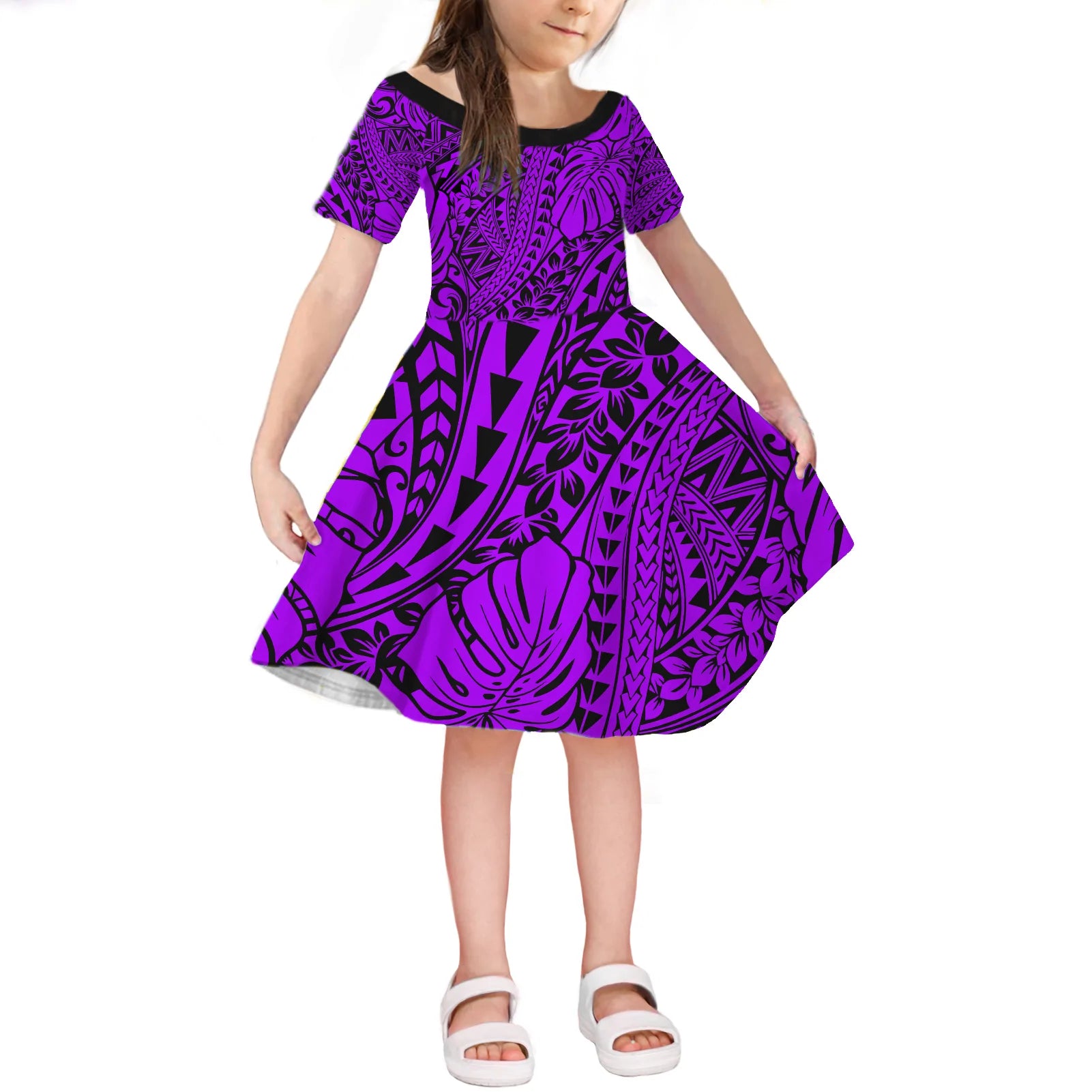 Hawaii Short Sleeve Dress KID Polynesian Tribal Art Ver.03 LT14 KID Purple - Polynesian Pride