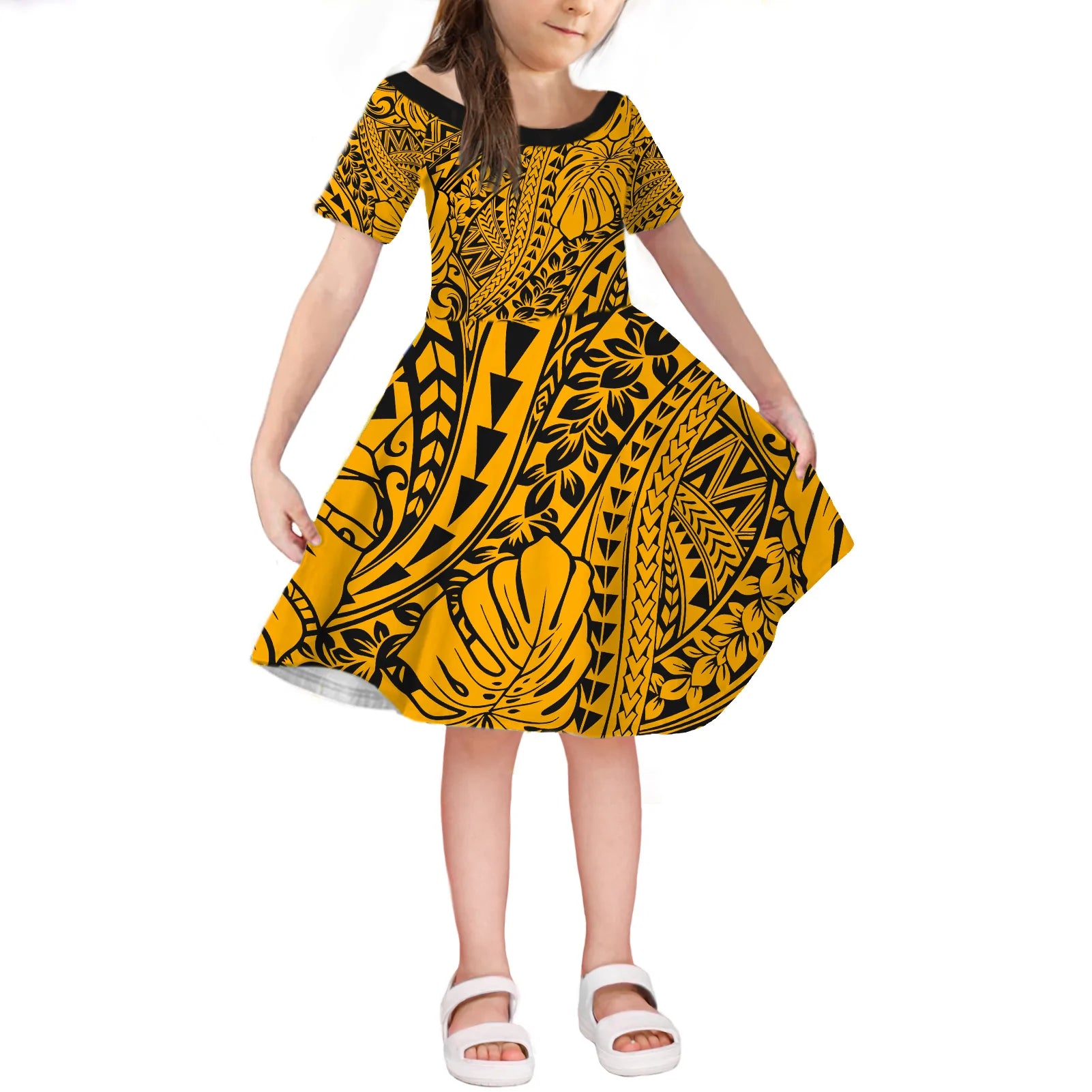 Hawaii Short Sleeve Dress KID Polynesian Tribal Art Ver.05 LT14 KID Gold - Polynesian Pride